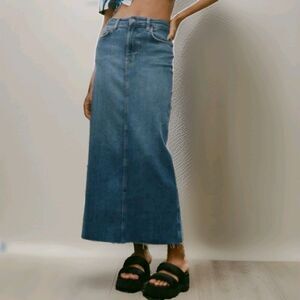 Zara Size S Denim Maxi Skirt Blue Raw Hem Back Slit Medium Wash Edgy Boho Y2K